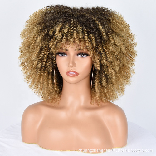 Wholesale ombre blonde afro wig African toupee with bangs short kinky curly hair synthetic wig for black women curly wigs